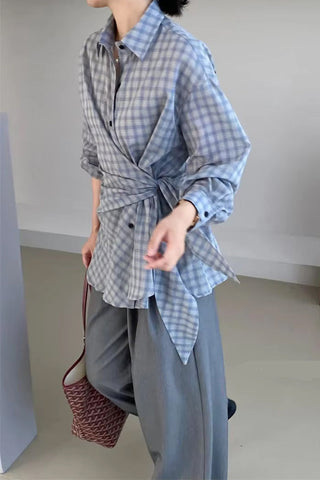 Long Sleeve Retro Belted Plaid Blouse Shirt