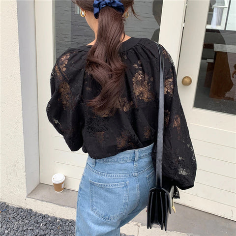 Black Thin Lace Lantern Sleeve Shirt