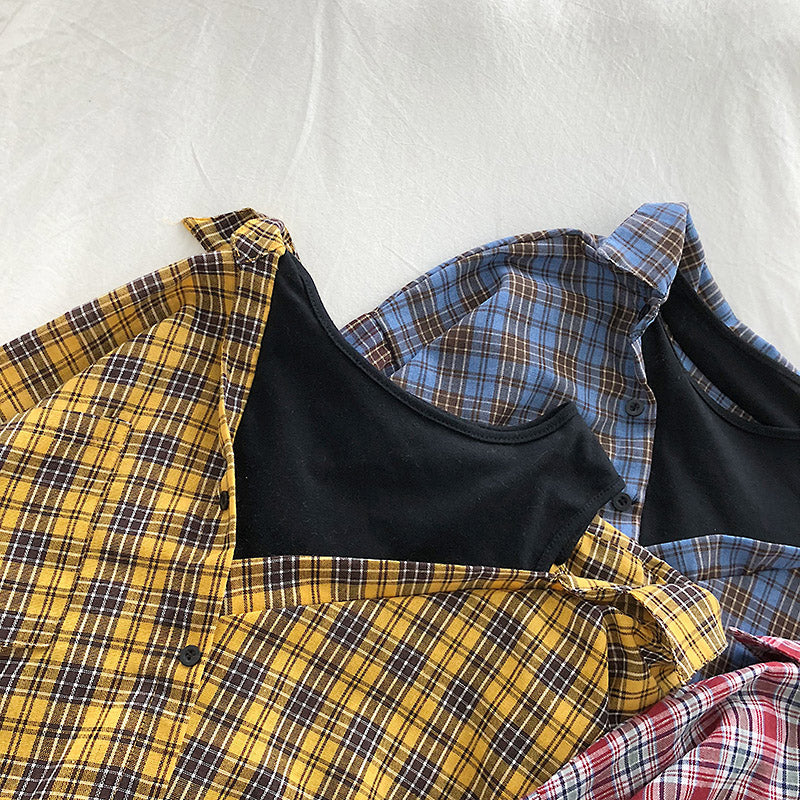 Stitching Fake Two Piece Plaid Shirt