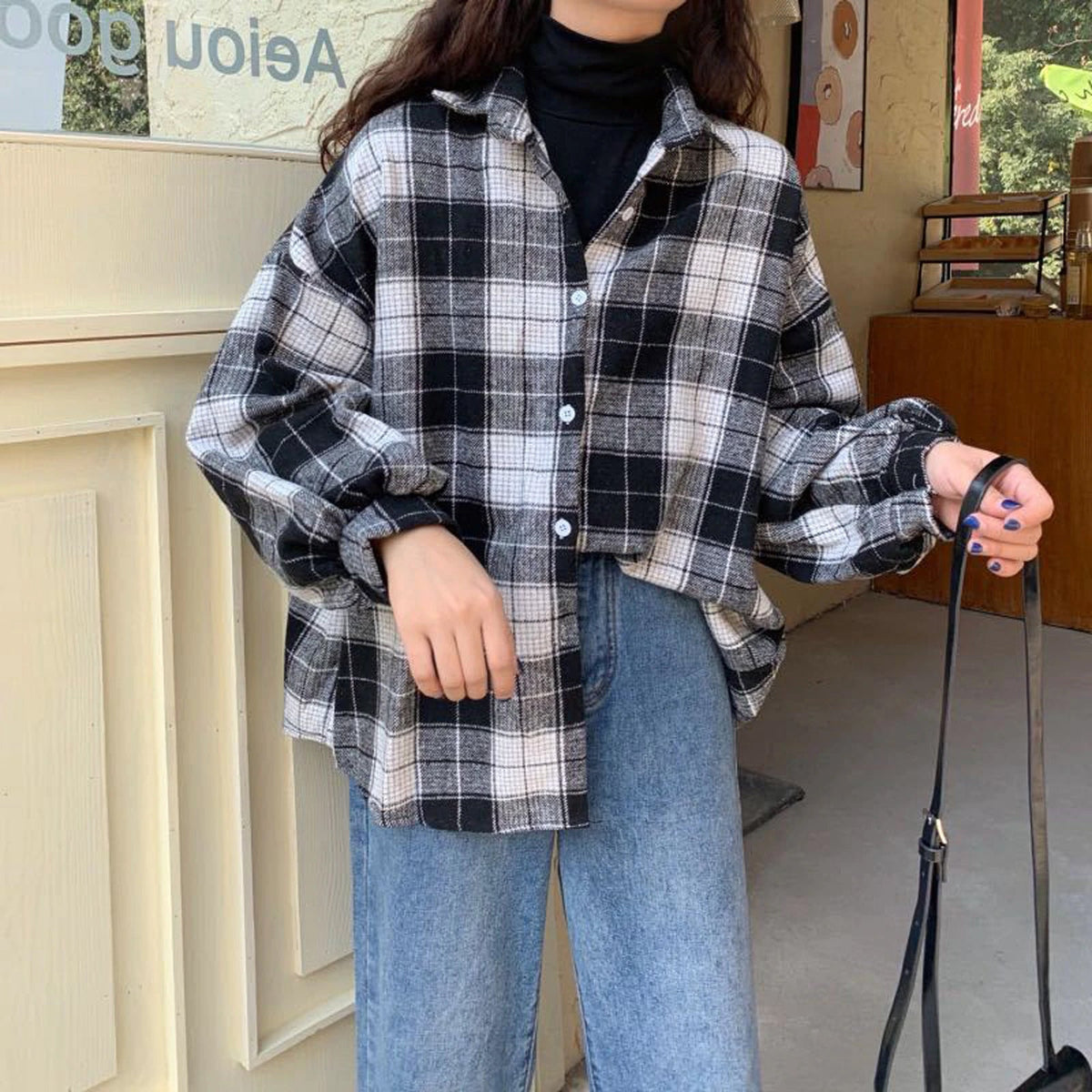 Loose Long Sleeve Button Plaid Blouse Shirt