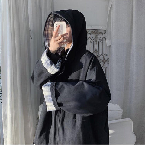Loose Plaid Side Zipper Hooded Jacket