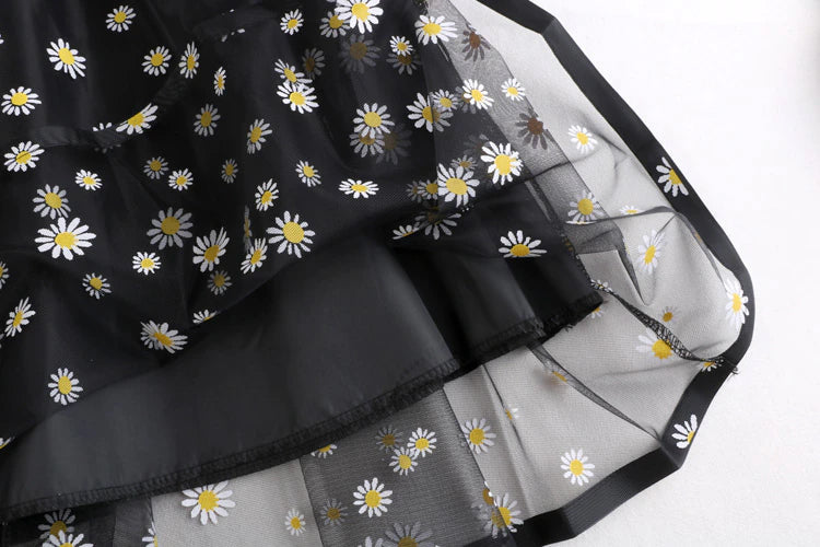 High Waist Daisy Flowers Pattern Mesh Long Skirts