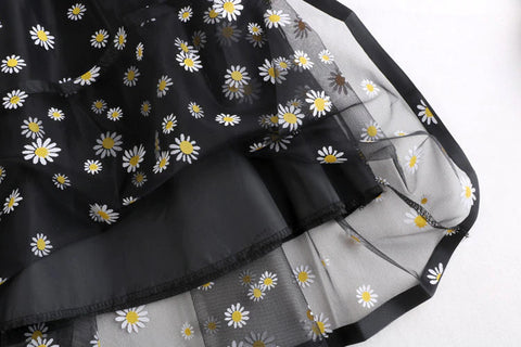 High Waist Daisy Flowers Pattern Mesh Long Skirts