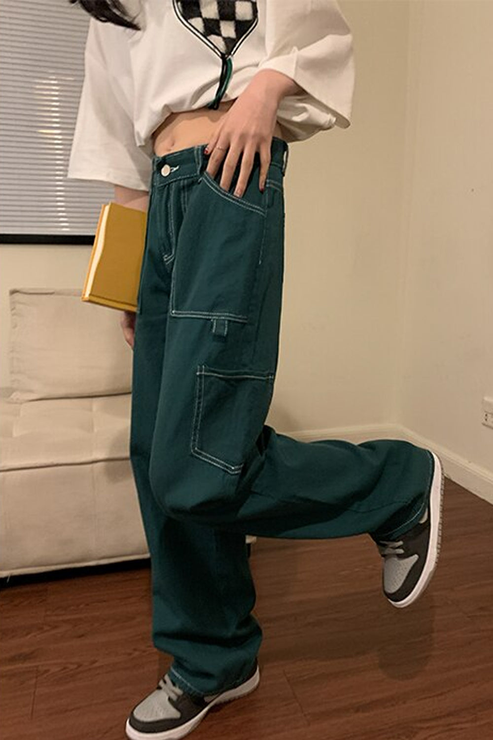 High Waist Loose Wide Leg Green Retro Jeans Pants