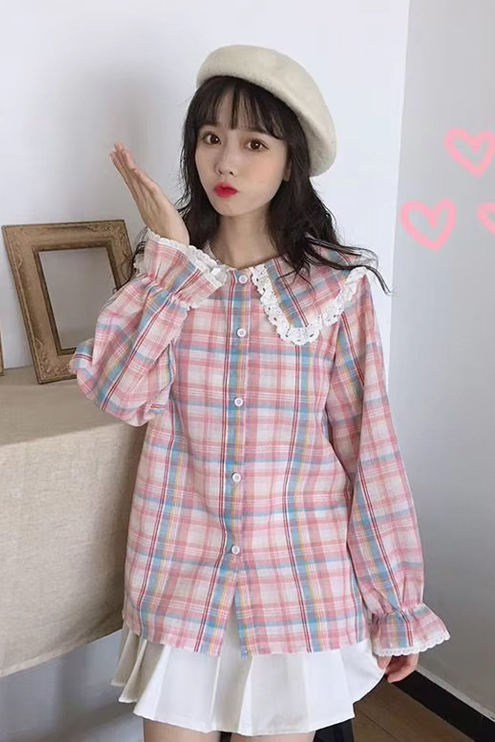 Long Sleeve Cute Plaid Pattern Peter Pan Collar Blouse Shirt