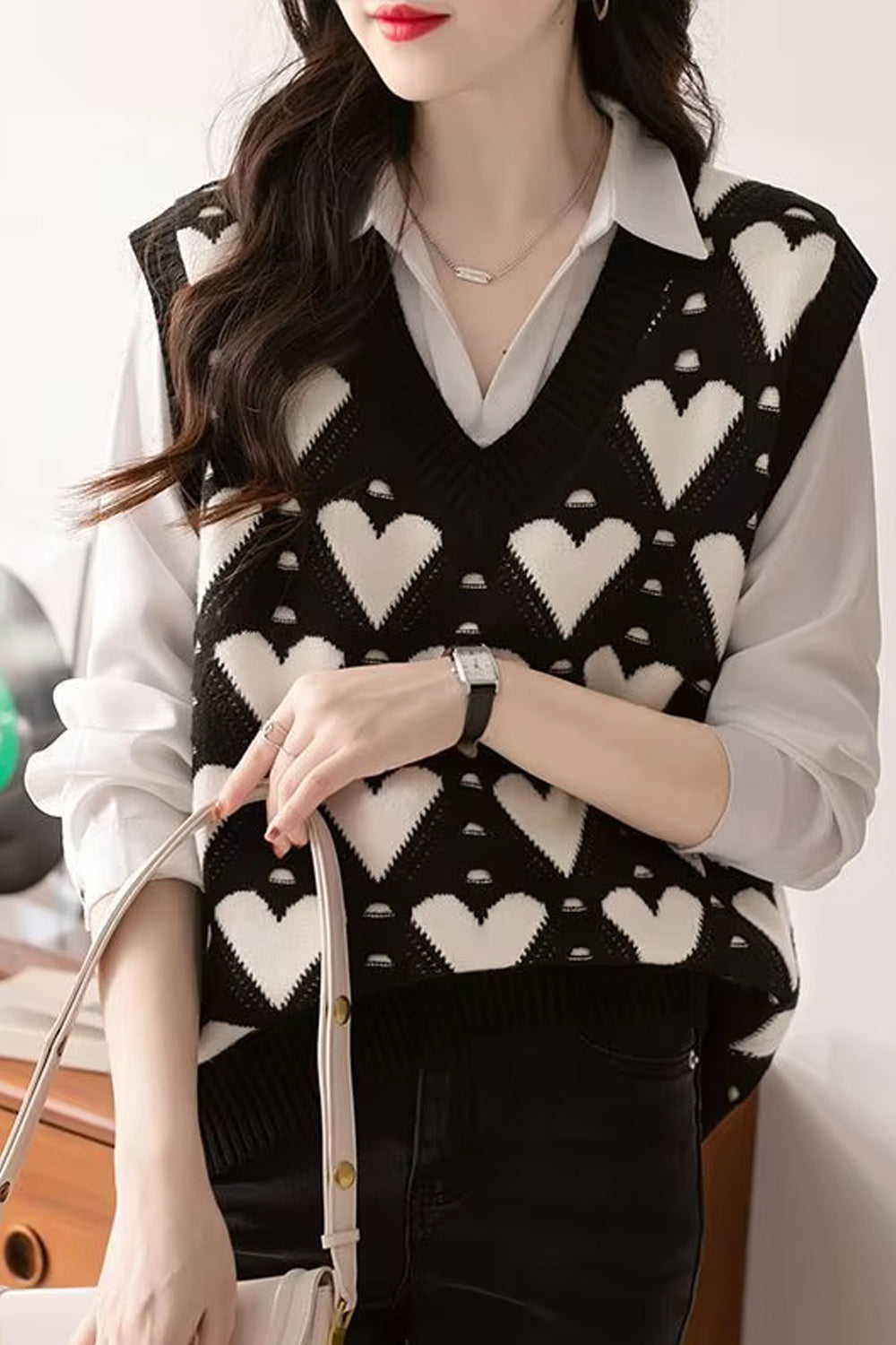 V-Neck Hearts Pattern Knitted Vest Sweater
