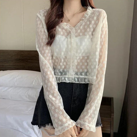 Long Sleeve Lace Transparent Blouse Shirt