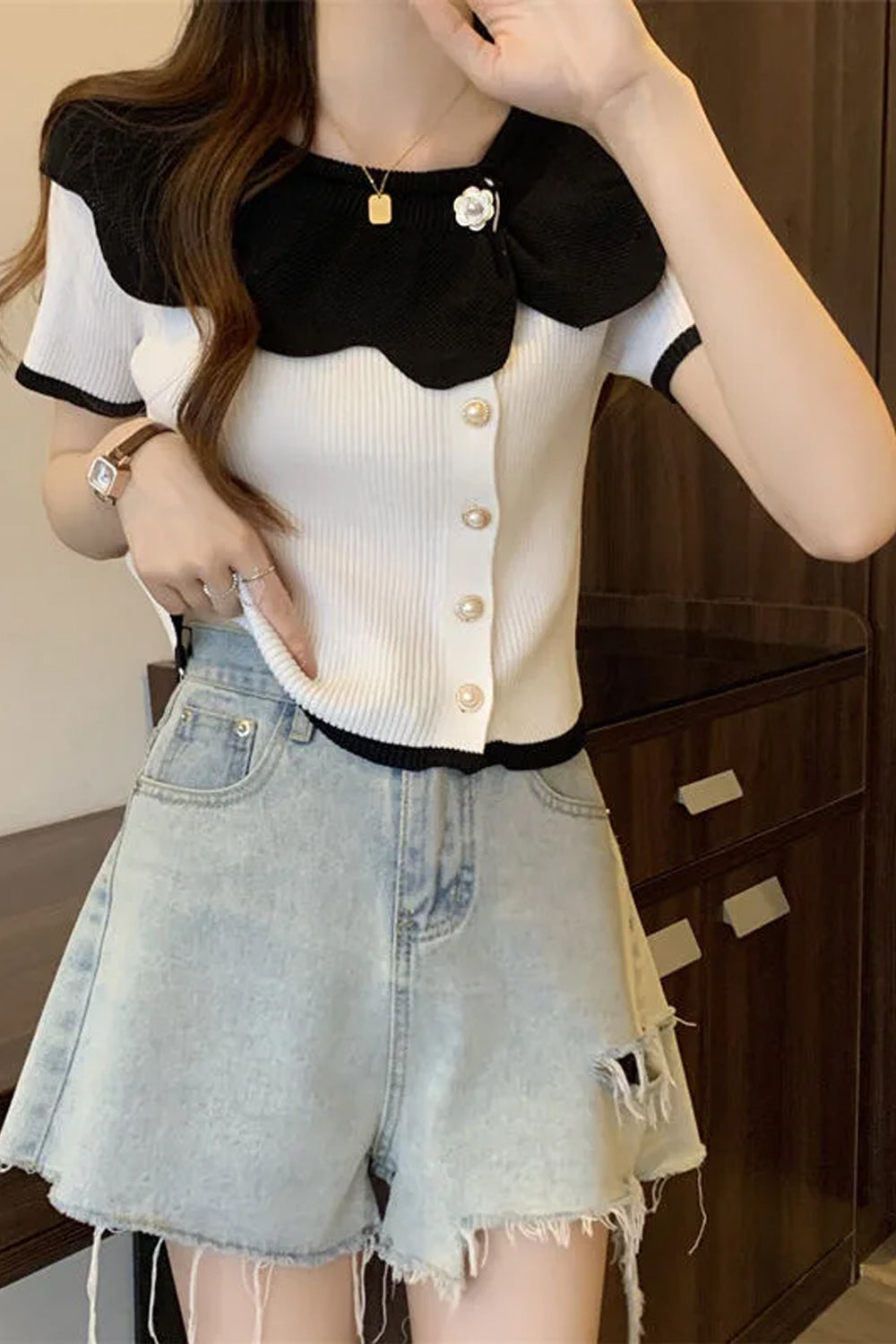 Short Sleeve Contrast Combined Colors Slim Shirt