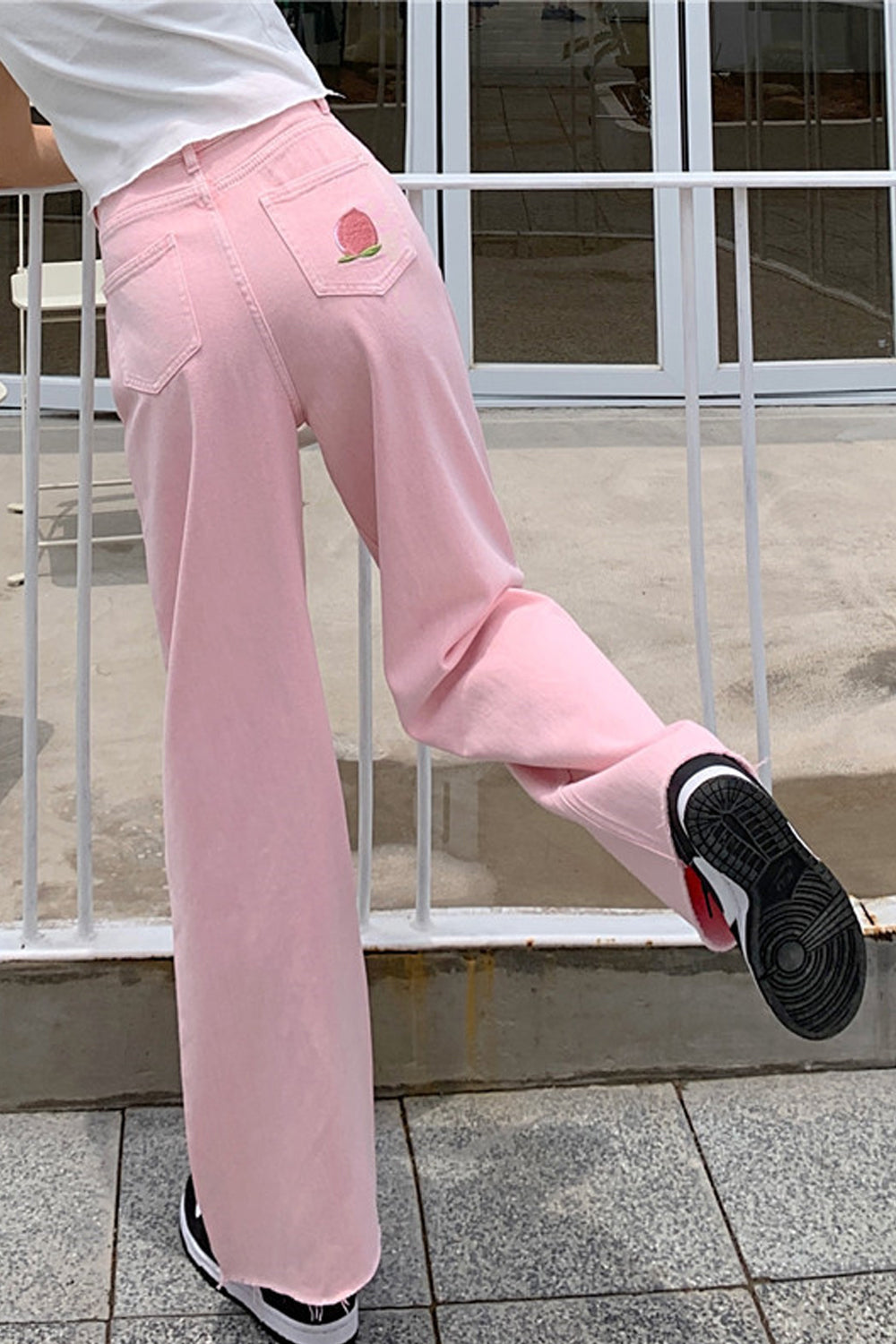 Back Cute Pocket Embroidered Sweet Pink Jeans Pants