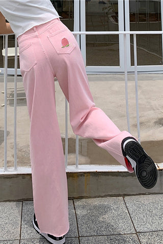 Back Cute Pocket Embroidered Sweet Pink Jeans Pants
