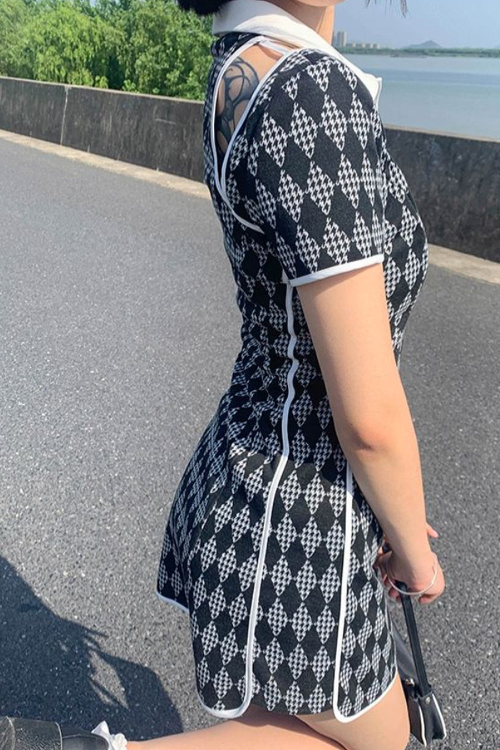 Sexy Argyle Pattern Hollow Out Dress