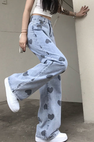 High Waist Heart Printed Long Jeans Pants