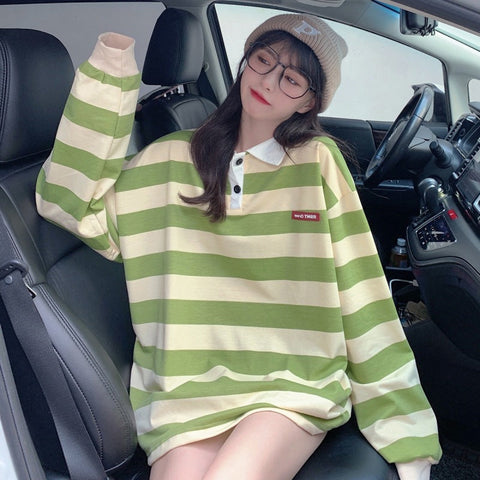 Retro Green Striped Turn Down Collar Sweater