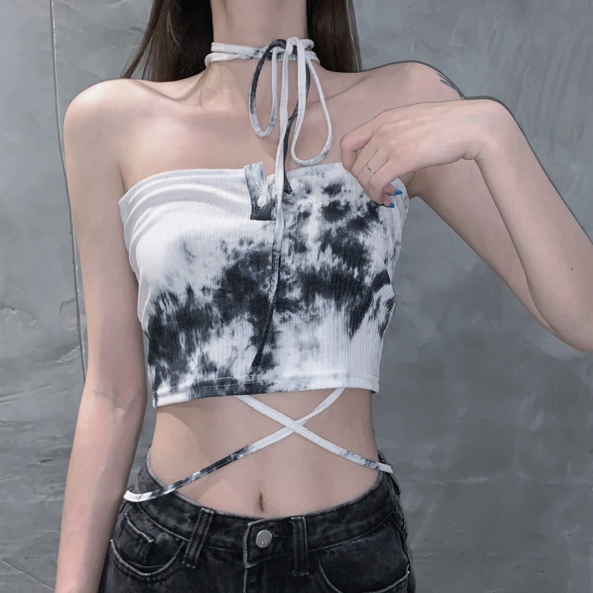 Sexy, schmale String-Crop-Tops mit Batikmuster 