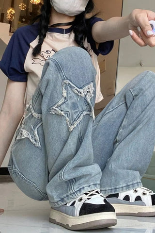 High Waist Retro Stars Side Embroidered Jeans Pants
