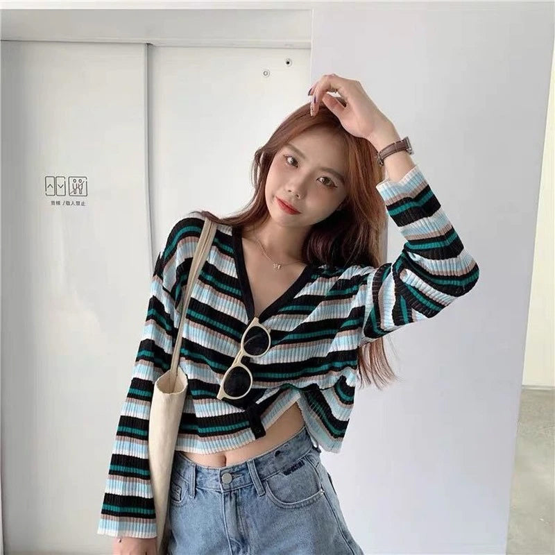 Retro V-Neck Striped Cardigan Sweater