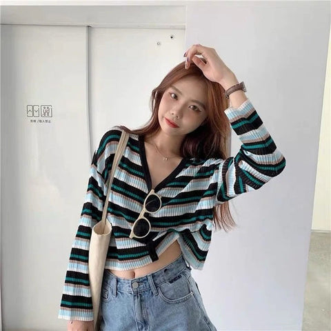 Retro V-Neck Striped Cardigan Sweater