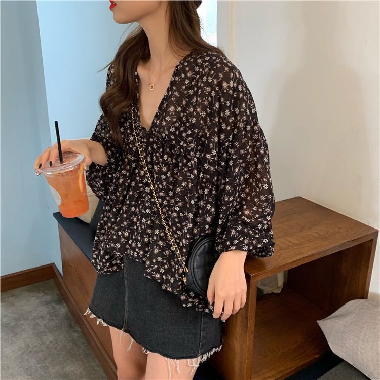 Long Sleeve V-Neck Chiffon Floral Loose Shirt