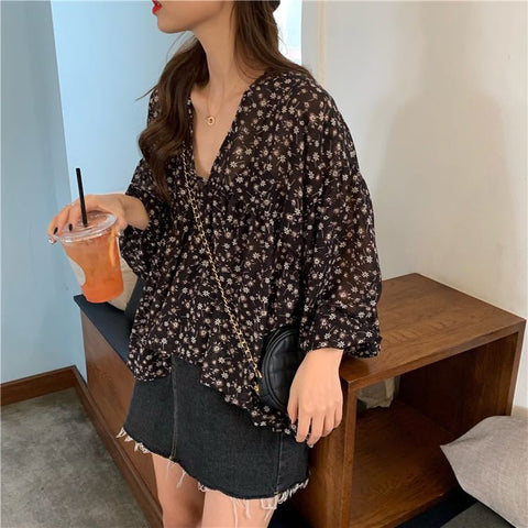 Long Sleeve V-Neck Chiffon Floral Loose Shirt