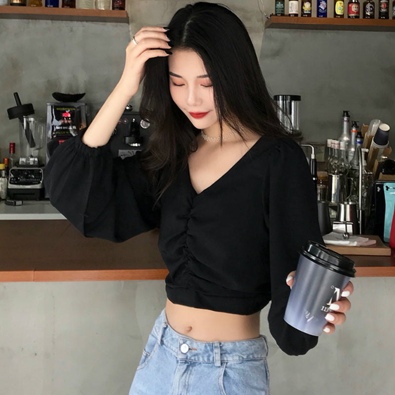 Sexy Elegant V-Neck Long Puff Sleeve Crop Tops