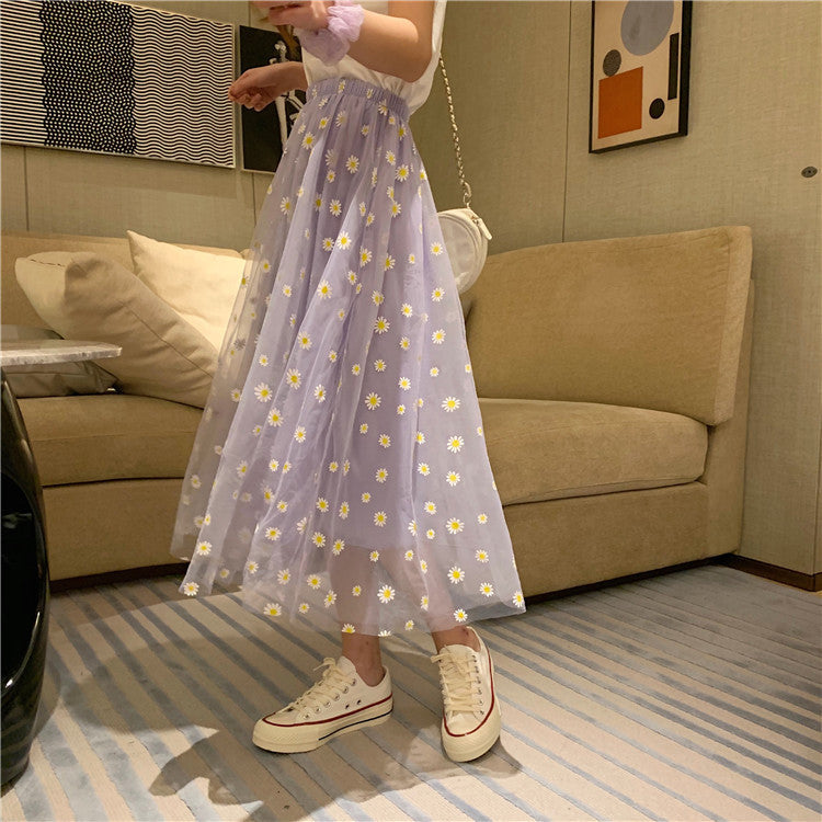 High Waist Daisy Printed Mesh Transparent A- Line Skirt