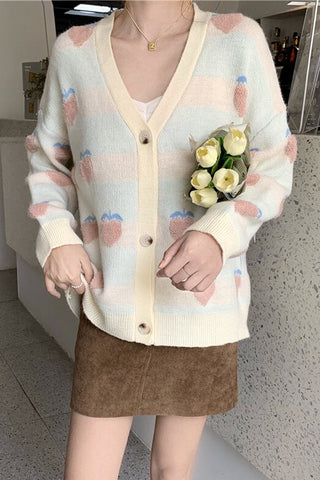 Strawberry Pattern V-Neck Knitted Cardigan Sweater