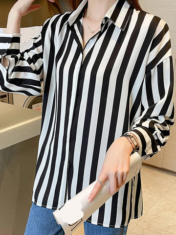 Long Sleeve Black White Striped Blouse Shirt