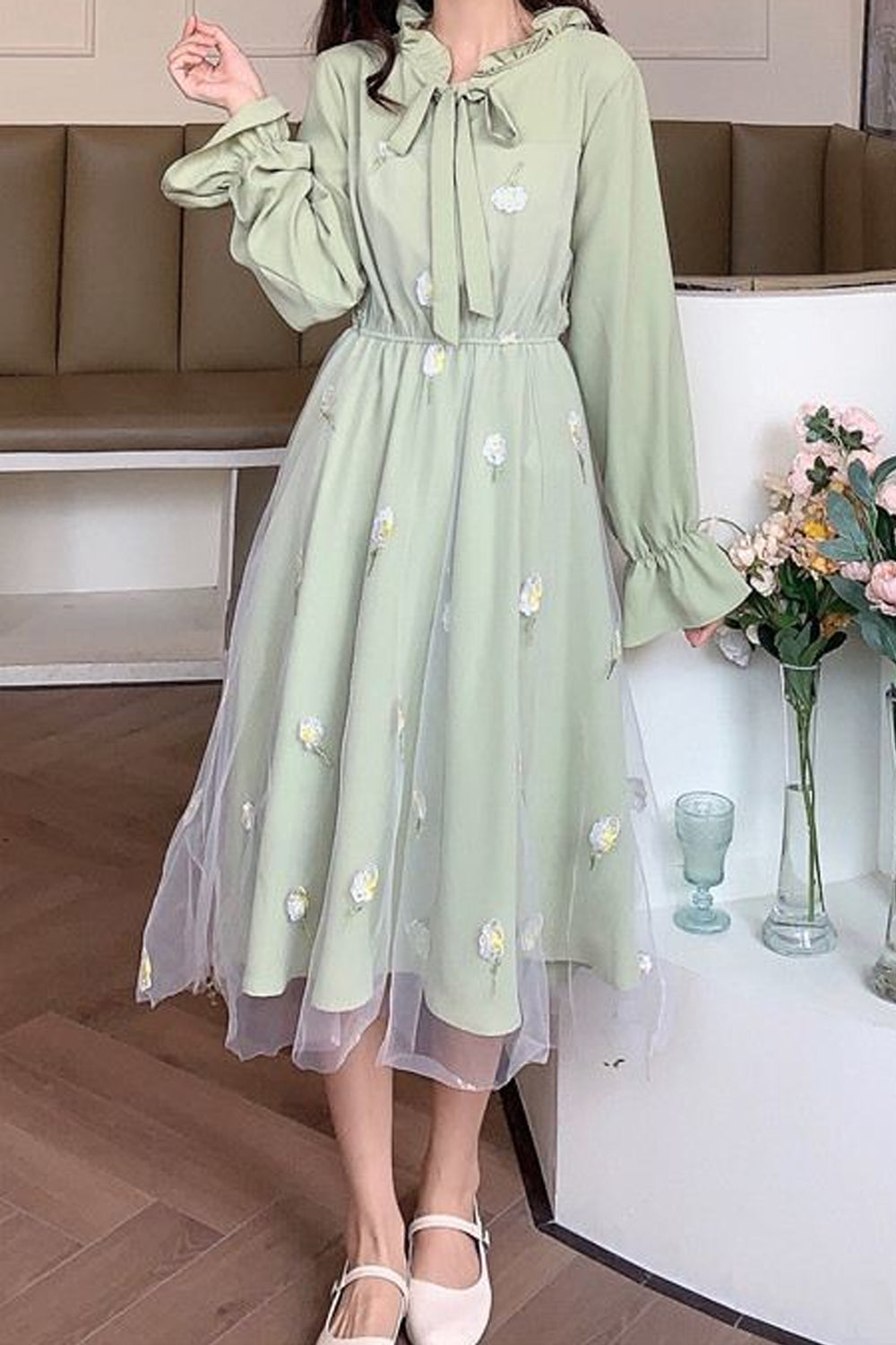 Long Sleeve Mesh Elegant Sweet Midi Dress