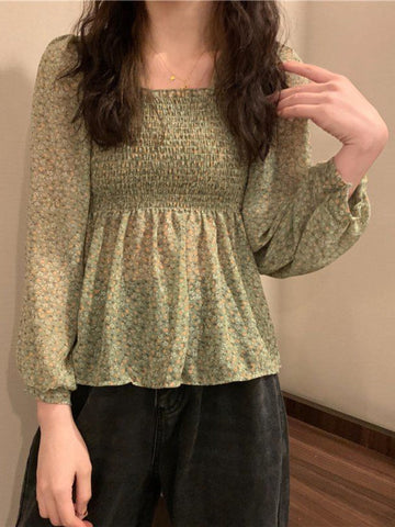 Long Lantern Sleeve Square Collar Blouse Shirts