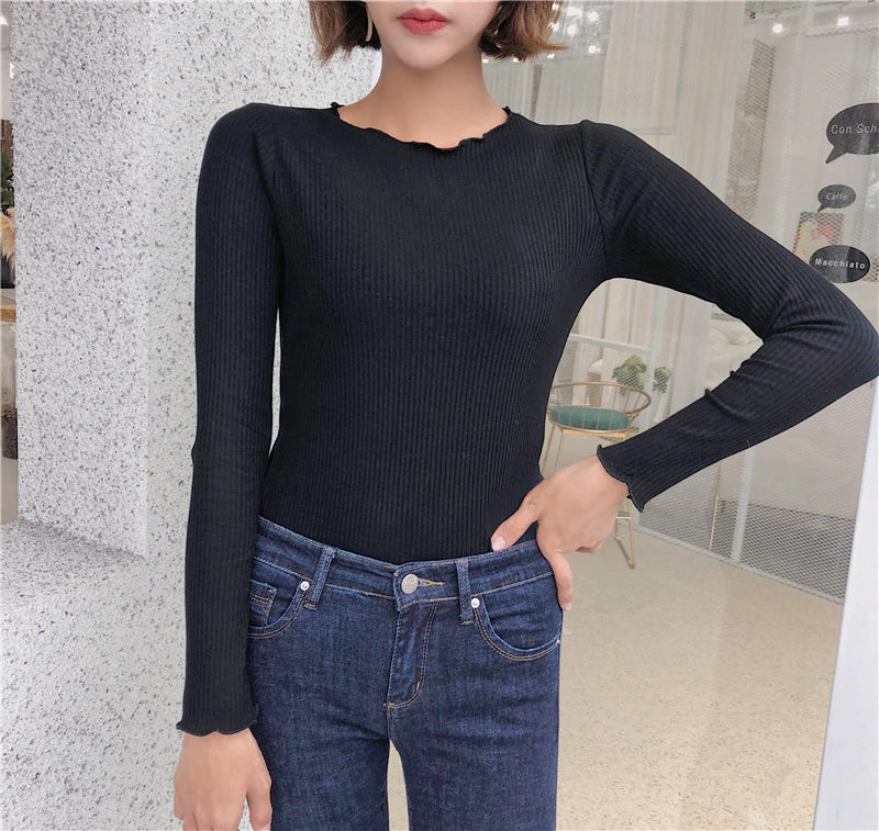 Ruffled Style Long Sleeve Bodycon Ribbed Shirt