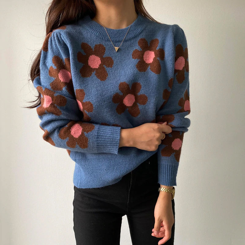 Flower O Neck Knitted Long Sleeve Sweater