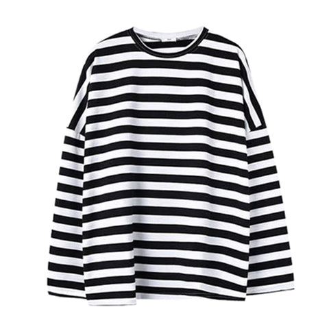 Black and White Striped O Neck Loose Shirt