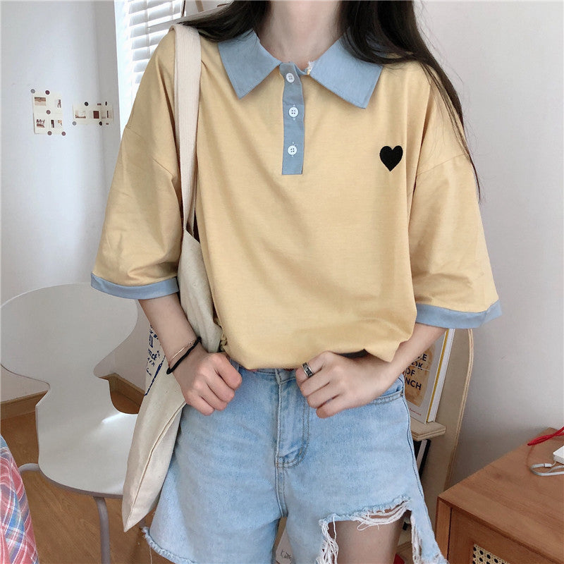 Loose Heart Pocket Printed Collar Shirt