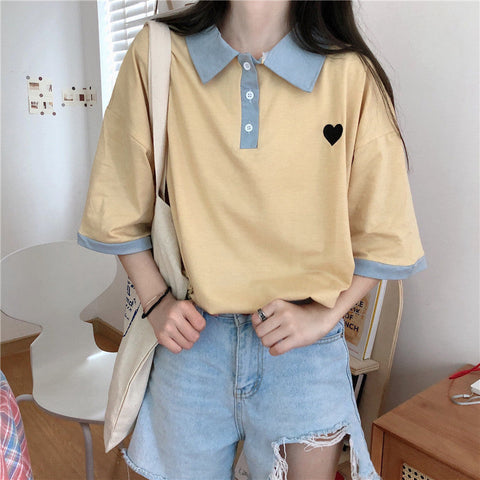 Loose Heart Pocket Printed Collar Shirt