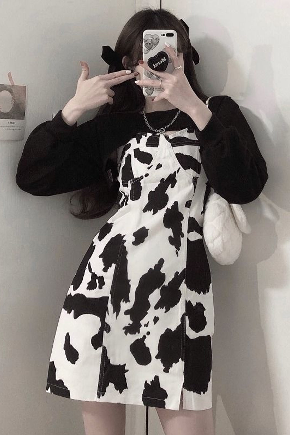 Sexy 2 Piece Set Cropped Sweatshirt With Cow Pattern Dress