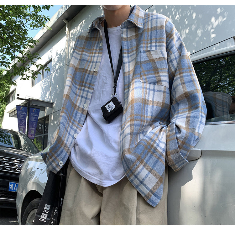 Long Sleeve Thickened Woolen Plaid Men Shirt