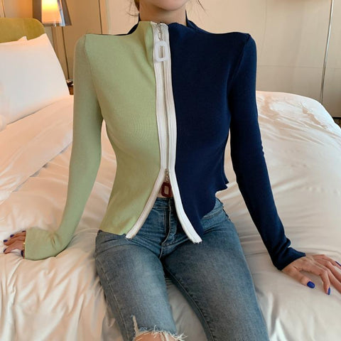 Double Colors Slim Zipper Turtleneck Long Sleeve Shirt