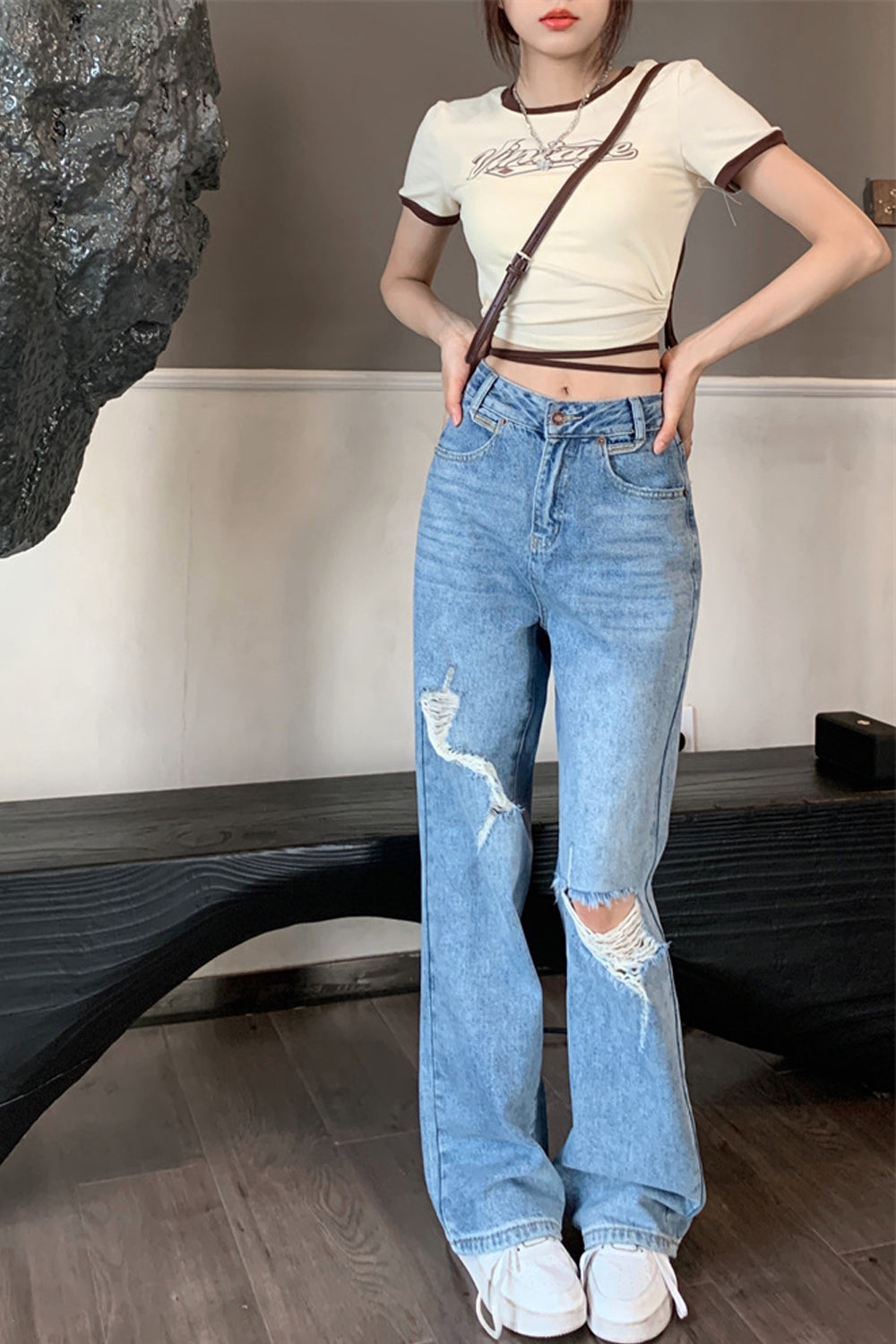 High Waist Ripped Long Jeans Pants