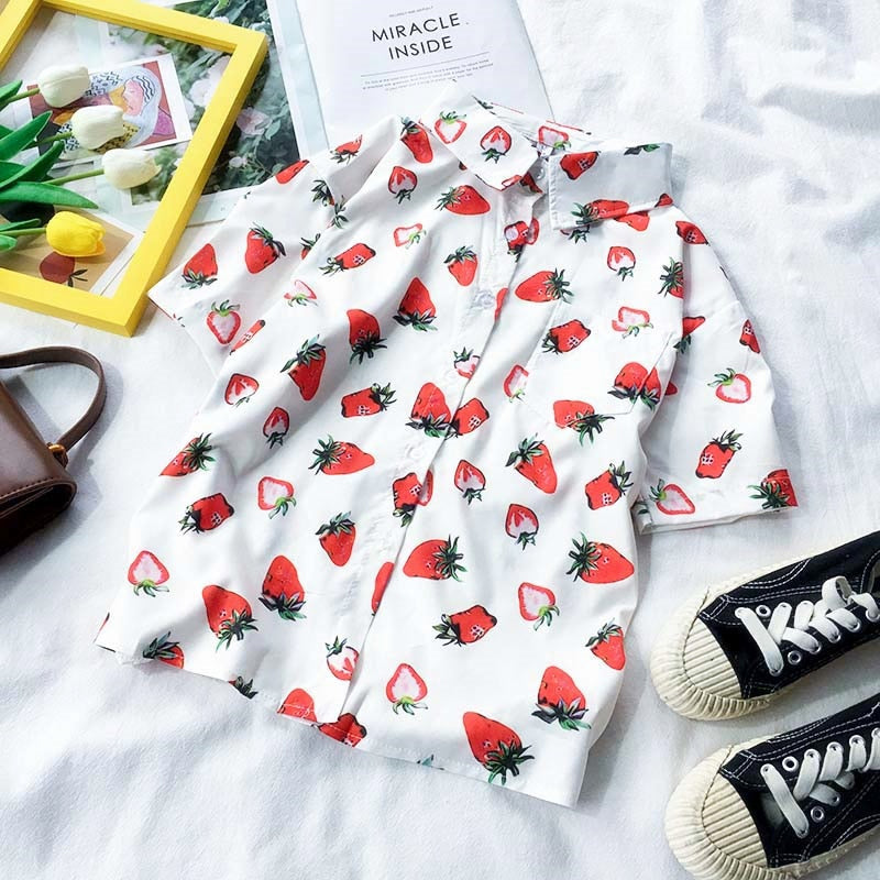 Turn Down Collar Strawberry Blouse Shirt