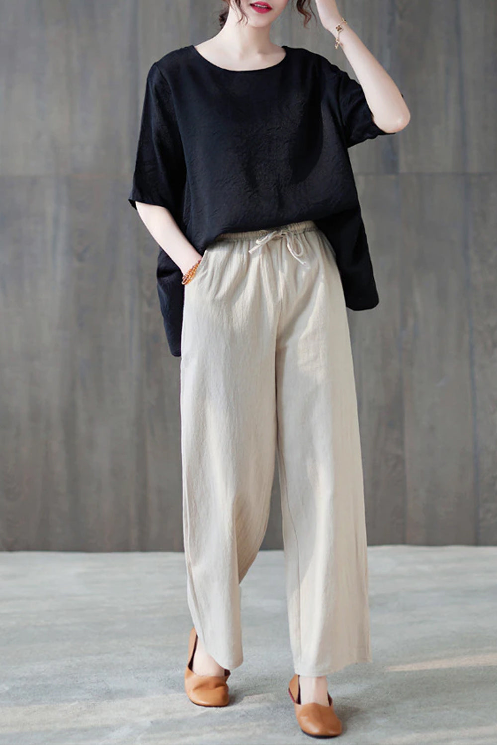 Cotton Linen Elastic Waist Colors Wide Leg Pants