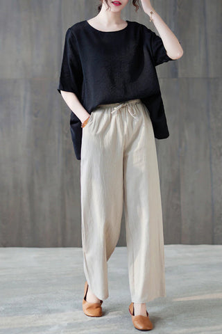 Cotton Linen Elastic Waist Colors Wide Leg Pants