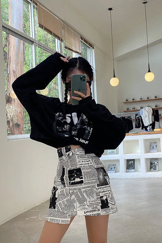 Newspaper Printed Irregular A-Line Mini Skirt