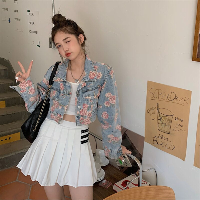 Rose Pattern Loose Short Jeans Jacket