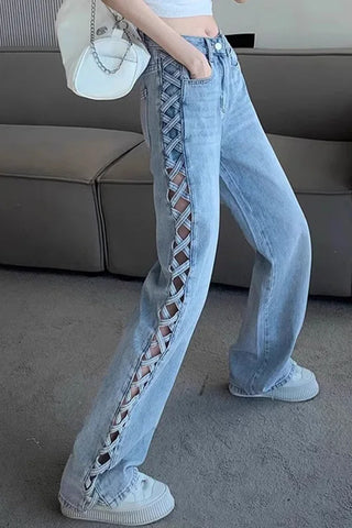 High Waist Side Cross Hollow Out Jeans Pants