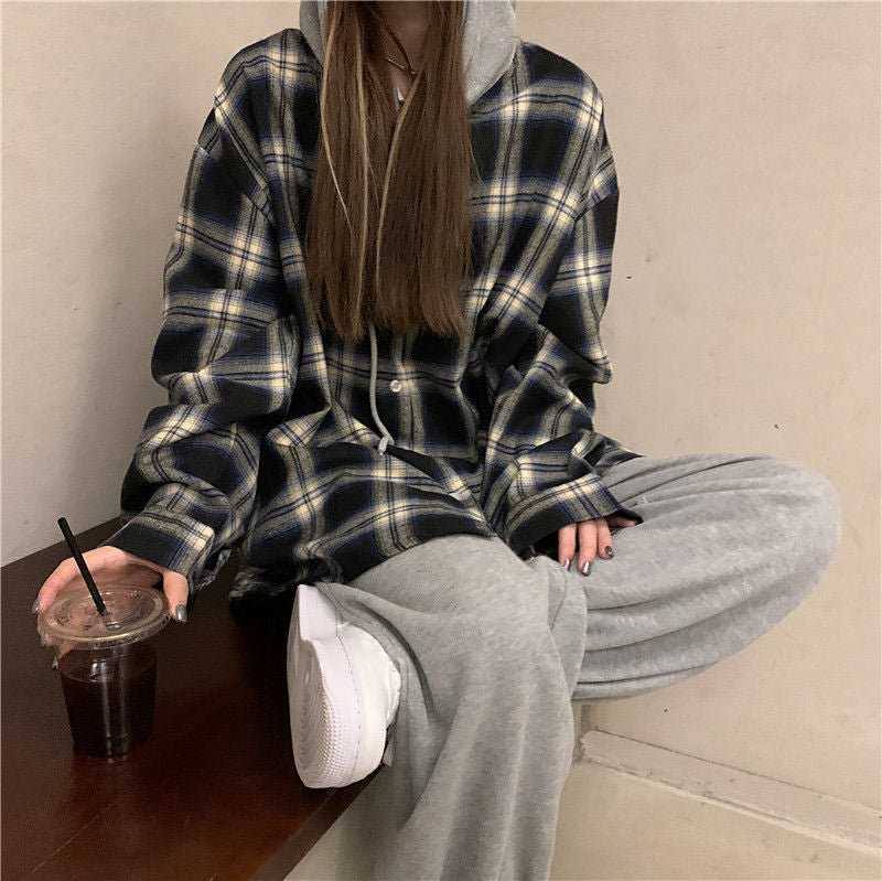 Vintage Hooded Plaid Combination Shirt