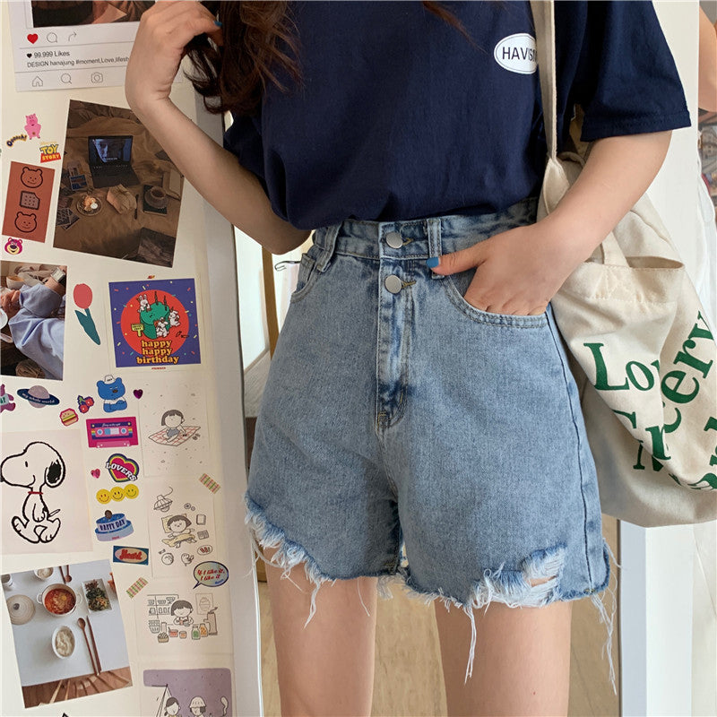 Double Buttons Ripped Shorts Jeans