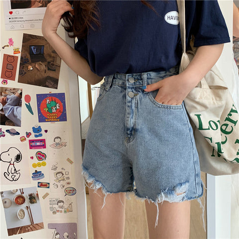 Double Buttons Ripped Shorts Jeans