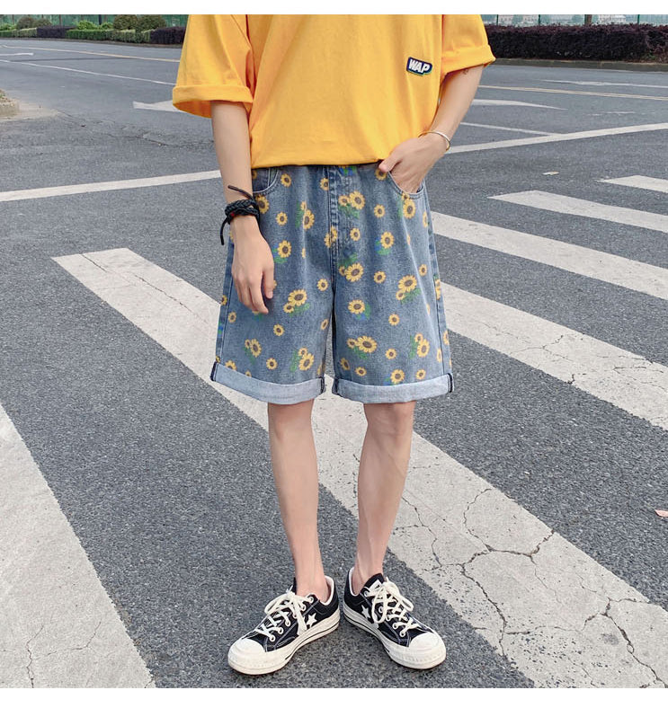 Sun Flower Pattern Denim Shorts Pants