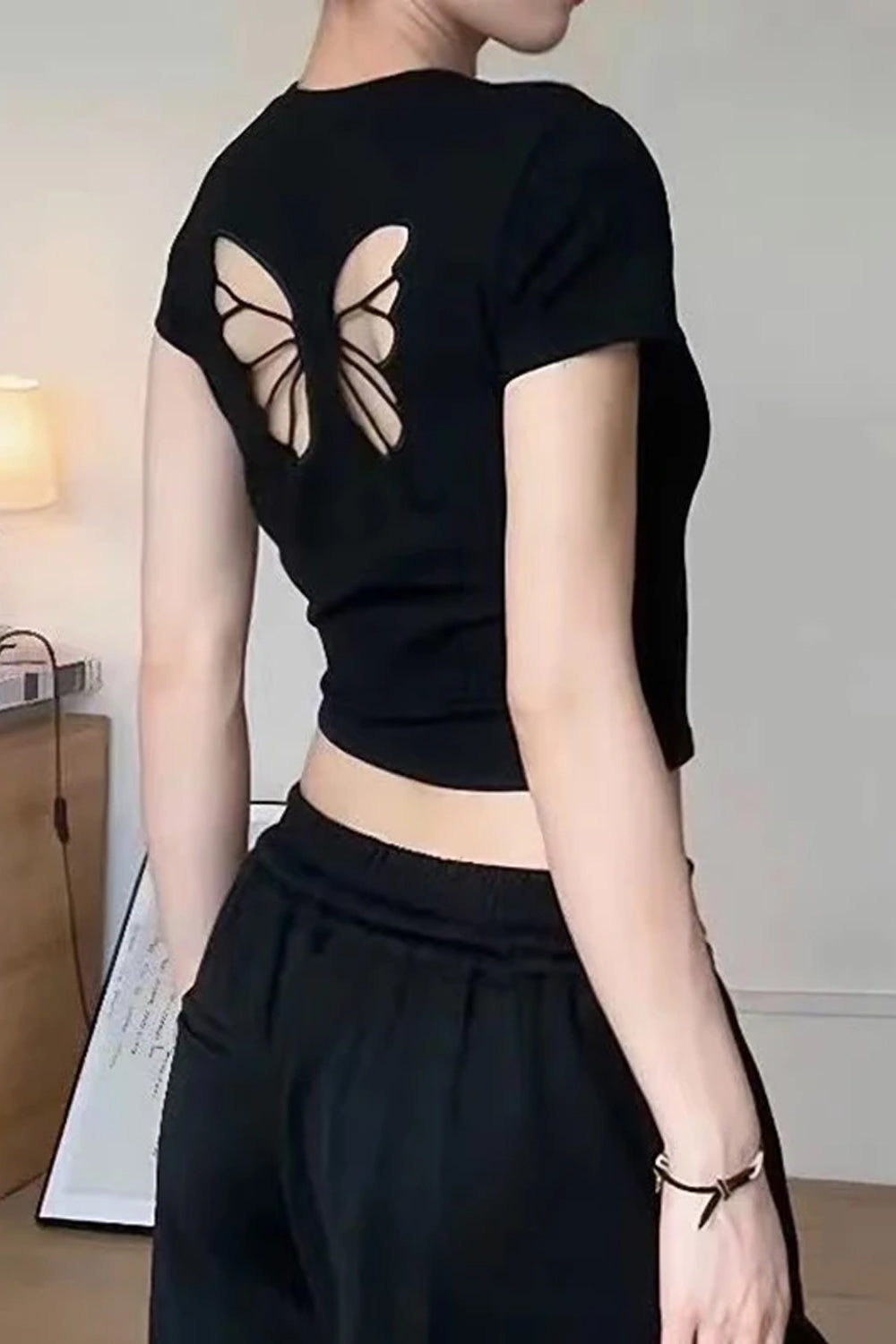 Sexy Butterfly Hollow Cut Pattern Cropped Slim Shirt