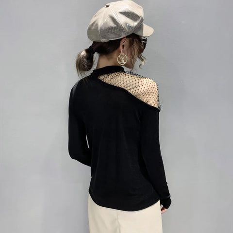 High Mesh Collar Hollow Out Blouse Shirt